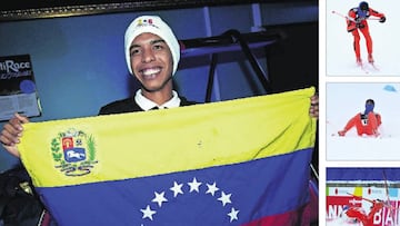 Pese a ser descalificado en una prueba (por ca&iacute;das como las que se ven a la derecha) y quedar &uacute;ltimo en otra, Adri&aacute;n Solano luce con alegr&iacute;a la bandera de Venezuela.