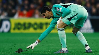 El portero belga de la selección de Bélgica intenta atrapar una rata que corrió al campo durante el partido frente a la selección de Gales en el Cardiff City Stadium.