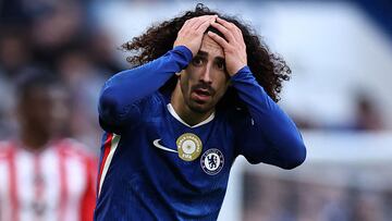 Chelsea's Spanish defender #03 Marc Cucurella reacts during the English Premier League football match between Chelsea and Sunderland at Stamford Bridge in London on October 25, 2025. (Photo by HENRY NICHOLLS / AFP) / RESTRICTED TO EDITORIAL USE. No use with unauthorized audio, video, data, fixture lists, club/league logos or 'live' services. Online in-match use limited to 120 images. An additional 40 images may be used in extra time. No video emulation. Social media in-match use limited to 120 images. An additional 40 images may be used in extra time. No use in betting publications, games or single club/league/player publications. /