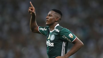 Yerry Mina celebra el importante gol marcado frente a Jorge Wilstermann en la Copa Libertadores.