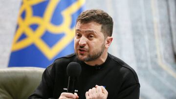 Ukrainian President Volodymyr Zelensky speaks during a press conference on the first year of the Russia's invasion on Ukraine in Kyiv, Ukraine on 24 February 2023. (Photo by STR/NurPhoto via Getty Images)