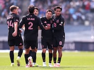 NEW YORK, NEW YORK - MARCH 22: Lionel Messi #10 of Inter Miami CF celebrates with teammates after scoring the team's second goal during the MLS match between New York City FC and Inter Miami CF at Yankee Stadium on March 22, 2026 in New York, New York. Jordan Bank/Getty Images/AFP (Photo by Jordan Bank / GETTY IMAGES NORTH AMERICA / Getty Images via AFP)