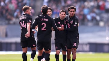 NEW YORK, NEW YORK - MARCH 22: Lionel Messi #10 of Inter Miami CF celebrates with teammates after scoring the team's second goal during the MLS match between New York City FC and Inter Miami CF at Yankee Stadium on March 22, 2026 in New York, New York. Jordan Bank/Getty Images/AFP (Photo by Jordan Bank / GETTY IMAGES NORTH AMERICA / Getty Images via AFP)