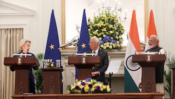 Indian Prime Minister Narendra Modi, European Council President Antonio Costa and European Commission President Ursula von der Leyen hold a joint press statement at the Hyderabad House in New Delhi, India, January 27, 2026. REUTERS/Altaf Hussain