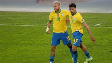 Soccer Football - Copa America 2021 - Semi Final - Brazil v Peru - Estadio Nilton Santos, Rio de Janeiro, Brazil - July 5, 2021 Brazil's Lucas Paqueta celebrates scoring their first goal with Neymar REUTERS/Sergio Moraes
