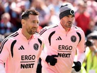 DENVER, COLORADO - APRIL 18: Lionel Messi #10 and Rodrigo De Paul #7 of Inter Miami CF enter the pitch to warm up prior to the MLS match between Colorado Rapids and Inter Miami CF at Empower Field At Mile High on April 18, 2026 in Denver, Colorado. Andrew Wevers/Getty Images/AFP (Photo by Andrew Wevers / GETTY IMAGES NORTH AMERICA / Getty Images via AFP)