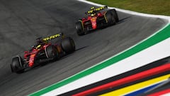 MONZA, ITALY - SEPTEMBER 10: Charles Leclerc of Monaco driving the (16) Ferrari F1-75 leads Carlos Sainz of Spain driving (55) the Ferrari F1-75 during qualifying ahead of the F1 Grand Prix of Italy at Autodromo Nazionale Monza on September 10, 2022 in Monza, Italy. (Photo by Dan Mullan/Getty Images)