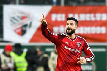 Ingolstadt's Anthony Jung celebrates after opening the scoring against Wolfsburg.