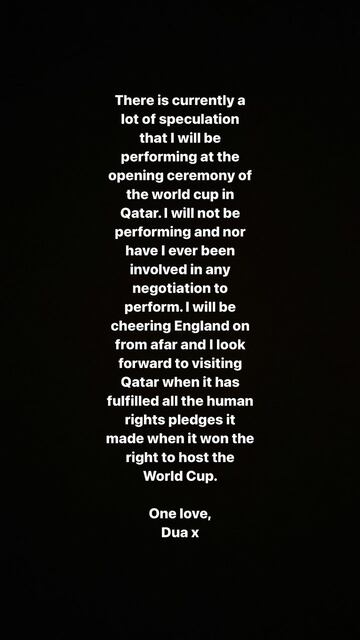 Dua Lipa rechaza ir al Mundial de Qatar. Fuente: Instagram.