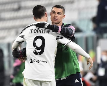 Alvaro Morata celebrates with Cristiano Ronaldo.