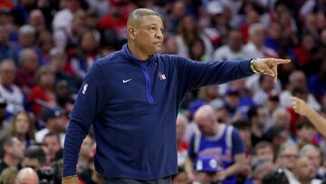 PHILADELPHIA, PENNSYLVANIA - MAY 11: Head Coach Doc Rivers of the Philadelphia 76ers points against the Boston Celtics during the first quarter in game six of the Eastern Conference Semifinals in the 2023 NBA Playoffs at Wells Fargo Center on May 11, 2023 in Philadelphia, Pennsylvania. NOTE TO USER: User expressly acknowledges and agrees that, by downloading and or using this photograph, User is consenting to the terms and conditions of the Getty Images License Agreement.   Tim Nwachukwu/Getty Images/AFP (Photo by Tim Nwachukwu / GETTY IMAGES NORTH AMERICA / Getty Images via AFP)