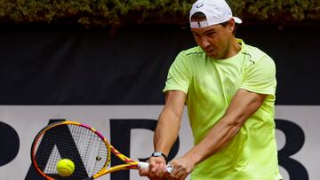 Rome (Italy), 07/05/2024.- Rafael Nadal of Spain in action during a training session at the Italian Open tennis tournament in Rome, Italy, 07 May 2024. (Tenis, Italia, España, Roma) EFE/EPA/FABIO FRUSTACI
