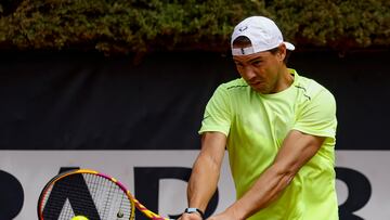 Rome (Italy), 07/05/2024.- Rafael Nadal of Spain in action during a training session at the Italian Open tennis tournament in Rome, Italy, 07 May 2024. (Tenis, Italia, España, Roma) EFE/EPA/FABIO FRUSTACI
