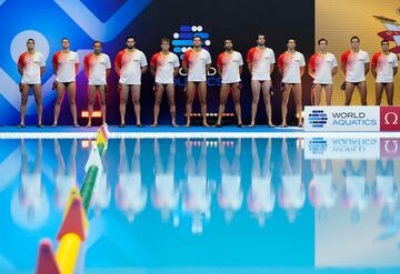 Fukuoka (Japan), 17/07/2023.- The Spanish team members line up before the Men's Water Polo preliminary round match between Serbia and Spain during the World Aquatics Championships 2023 in Fukuoka, Japan, 17 July 2023. Spain won the match. (Japón, España) EFE/EPA/FRANCK ROBICHON
