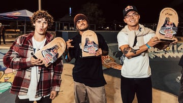 Jaime Mateu, Jean Pantaleo and Karl Berglind celebrate on the podium at the Red Bull Bowl Rippers in Marseille, France on October 3, 2020 // Teddy Morellec/Red Bull Content Pool // SI202010040024 // Usage for editorial use only // 