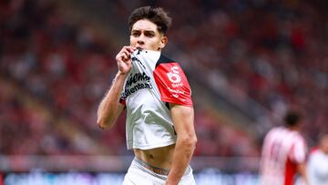 Jose Lozano celebrates his goal 0-2 of Atlas during the 11th round match between Guadalajara and Atlas as part of the Liga BBVA MX, Torneo Apertura 2024 at Akron Stadium on October 05, 2024 in Guadalajara, Jalisco, Mexico.