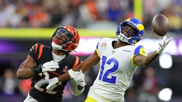 Chidobe Awuzie #22 of the Cincinnati Bengals breaks up a pass meant for Van Jefferson #12 of the Los Angeles Rams