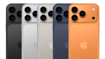 Image showing the full iPhone 17 series in a staggered display, featuring new color variants including fluorescent orange, translucent white (rumored Liquid Glass finish), steel gray, purple, and dark blue.