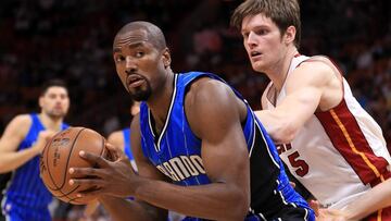 MIAMI, FL - FEBRUARY 13: Serge Ibaka #7 of the Orlando Magic posts up Luke Babbitt #5 of the Miami Heat during a game at American Airlines Arena on February 13, 2017 in Miami, Florida. NOTE TO USER: User expressly acknowledges and agrees that, by downloading and or using this photograph, User is consenting to the terms and conditions of the Getty Images License Agreement.   Mike Ehrmann/Getty Images/AFP
 == FOR NEWSPAPERS, INTERNET, TELCOS &amp; TELEVISION USE ONLY ==