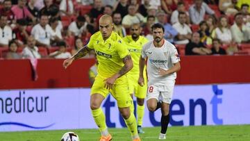 Jorge Pombo, del Cádiz, en un partido frente al Sevilla el 6 de agosto.