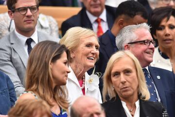 British television personality and food writer Mary Berry sits in the Royal Box as Spain's Garbine Muguruza plays against US player Venus Williams during their women's singles final match on the twelfth day of the 2017 Wimbledon Championships at The All E