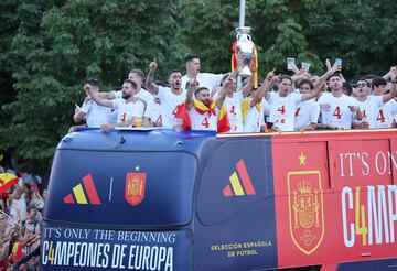 Los jugadores de la selección española celebran con los miles de aficionados que invaden las calles de Madrid el título de campeones de Europa. En la imagen, Dani Carvajal y Fabián Ruiz.