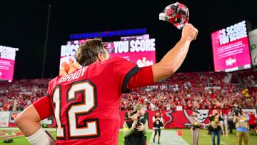 TAMPA, FLORIDA - DECEMBER 05: Tom Brady #12 of the Tampa Bay Buccaneers runs off the field after defeating the New Orleans Saints in the game at Raymond James Stadium on December 05, 2022 in Tampa, Florida. The Tampa Bay Buccaneers defeated the New Orleans Saints with a score of 17 to 16.   Julio Aguilar/Getty Images/AFP (Photo by Julio Aguilar / GETTY IMAGES NORTH AMERICA / Getty Images via AFP)