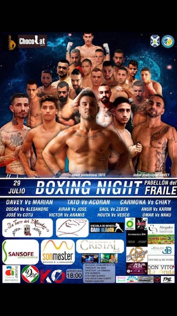 Cartel promocional del Boxing Night de este sábado con Samuel Carmona como uno de los púgiles destacados.