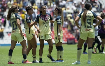 Nicolette Hernandez, Kiana Palacios, Amanda Perez, Katty Martinez, Kimberly Rodriguez de America durante el partido America vs Pachuca, correspondiente al partido de vuelta de Cuartos de Final del Torneo Clausura Grita Mexico C22 de la Liga BBVA MX Femenil, en el Estadio Azteca, el 08 de Mayo de 2022.