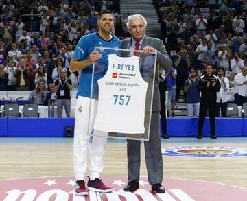 Homenaje a Felipe Reyes por sus 757 partidos en la ACB.