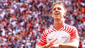 Leipzig (Germany), 13/04/2024.- Leipzig's Dani Olmo celebrates scoring the 1-0 lead during the German Bundesliga soccer match between RB Leipzig and VfL Wolfsburg in Leipzig, Germany, 13 April 2024. (Alemania) EFE/EPA/FILIP SINGER CONDITIONS - ATTENTION: The DFL regulations prohibit any use of photographs as image sequences and/or quasi-video.
