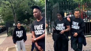 People hired in NYC to stand protesting in “Free Diddy” T-shirts