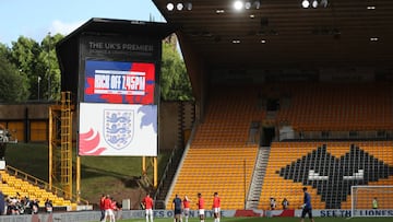 WOLVERHAMPTON, ENGLAND - JUNE 11: A general view inside the stadium as the players of England warm up prior to the UEFA Nations League - League A Group 3 match between England and Italy at Molineux on June 11, 2022 in Wolverhampton, England. (Photo by Alex Morton - UEFA/UEFA via Getty Images)