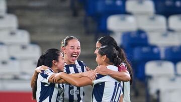Ana Martinez, Tanna Sanchez, Dania Perez, Rebeca Bernal of Monterrey during the Quarterfinal second leg match between Monterrey and Toluca as part of the Liga BBVA MX Femenil, Torneo Apertura 2024 at BBVA Bancomer Stadium on November 11, 2024 in Monterrey, Nuevo Leon, Mexico.