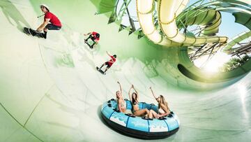 Alex Sorgente, Milton Matinez y Jan Hoffmann patinan en el Atlantis Waterpark de Dub&aacute;i (Emiratos &Aacute;rabes Unidos), el 20 de enero dle 2016. Debajo tienen 3 chicas en un flotador. 