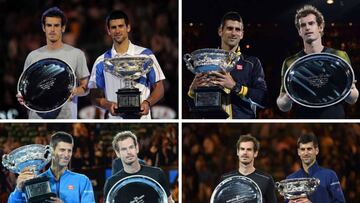 Novak Djokovic poses with the Norman Brookes Trophy in 2011 (top L), 2013 (top R), 2015 (bottom L) and 2016 (bottom R) after each of his men's singles title victories over Andy Murray at the Australian Open.