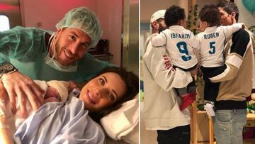 Im&aacute;genes de Sergio Ramos con Pilar Rubio en el hospital tras el nacimiento de su tercer hijo, Alejandro, y de Karin Benzema y Raphael Varane con sus dos hijos en brazos vestidos con una camiseta del Real Madrid con sus nombres, Ibrahim y Rub&eacute;n