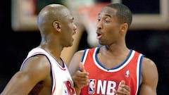 FILE PHOTO: Washington Wizards Michael Jordan with the East All-Star Squad and Los Angeles Lakers Kobe Bryant with the West All-Star Squad chat during the second half of the 52nd NBA All-Star game in Atlanta, Georgia, U.S., February 9, 2003. REUTERS/Alan Mothner/File Photo