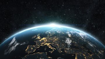 El planeta Tierra desde el espacio de noche. Render 3D, texturas proporcionadas por https://visibleearth.nasa.gov/images/144875/earth-at-night-black-marble-2012-color-maps-v2.