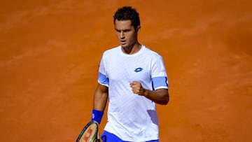 BUENOS AIRES, ARGENTINA - FEBRUARY 18:  Juan Pablo Varillas of Peru celebrates after winning a point in the Semifinals singles match against Cameron Norrie of Great Britain during day six of the ATP 250 Argentina Open 2023 at Buenos Aires Lawn Tennis Club on February 18, 2023 in Buenos Aires, Argentina. (Photo by Marcelo Endelli/Getty Images)