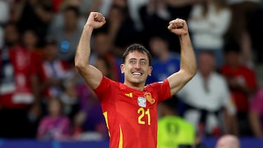 BERLIN, GERMANY - JULY 14: Mikel Oyarzabal of Spain celebrates scoring his team's second goal during the UEFA EURO 2024 final match between Spain and England at Olympiastadion on July 14, 2024 in Berlin, Germany. (Photo by Richard Pelham/Getty Images)