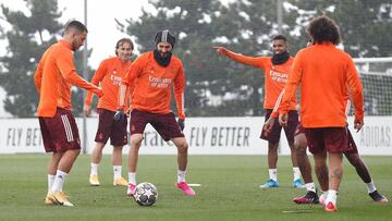 Hazard, Modric, Benzema, Rodrygo y Marcelo, en el entrenamiento del Madrid de este lunes.