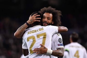 Brazilian link-up | Real Madrid's Brazilian forward Rodrygo celebrates with compatriot Marcelo.