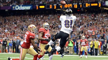 NEW ORLEANS, LA - FEBRUARY 03:  Anquan Boldin #81 of the Baltimore Ravens makes a 13-yard touchdown reception in the first quarter from Joe Flacco #5 against Donte Whitner #31 of the San Francisco 49ers during Super Bowl XLVII at the Mercedes-Benz Superdome on February 3, 2013 in New Orleans, Louisiana.  (Photo by Harry How/Getty Images)