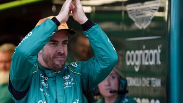Aston Martin's Spanish driver Fernando Alonso gestures during the second free practice session of the Spanish Formula One Grand Prix at the Circuit de Catalunya on June 2, 2023 in Montmelo, on the outskirts of Barcelona. (Photo by Josep LAGO / AFP)