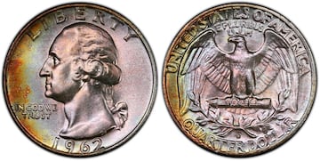 Moneda de 25 centavos de 1962-D con Washington en el anverso y águila en el reverso.