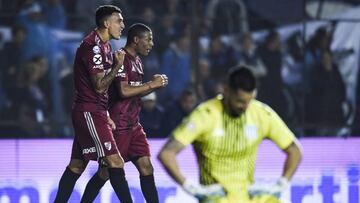 AVELLANEDA, ARGENTINA - AUGUST 17: Matias Suarez of River Plate celebrates after scoring the third goal of his team during a match between Racing Club and River Plate as part of Superliga 2019/20 at Juan Domingo Peron Stadium on August 17, 2019 in Avella