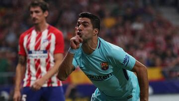 Soccer Football - La Liga Santander - Atletico Madrid vs Barcelona - Wanda Metropolitano, Madrid, Spain - October 14, 2017 Barcelona’s Luis Suarez celebrates scoring their first goal REUTERS/Sergio Perez