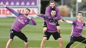 Ramos, Nacho, Carvajal y Y&aacute;&ntilde;ez en la sesi&oacute;n de ayer.