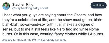 This is the reason why Stephen King wants the Oscars canceled